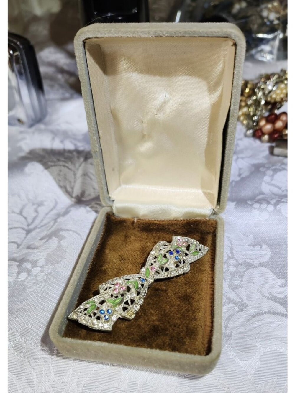 Vintage Pot Metal Bow Tie Brooch With Enamel  Rhinestones Floral Design 1930s Je